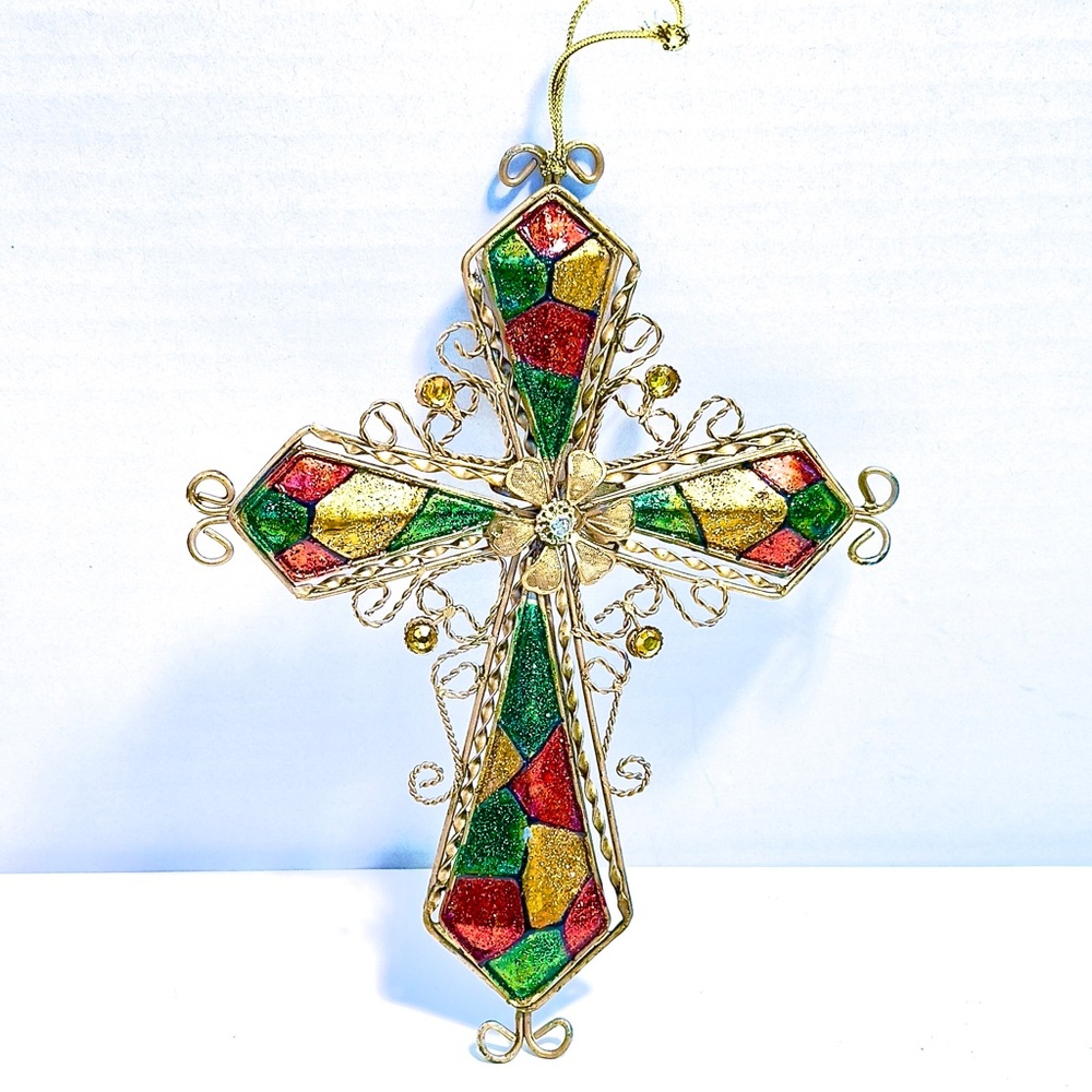 Maltese Cross 7.5” Ornament 2 Sided Gold Metal Red Green Stained Glass Style